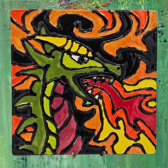 Studio Pottery Hand Painted Fire Eating Green Dragon Ceramic Tile Art 6-3/8 2022 - Picture 1 of 6